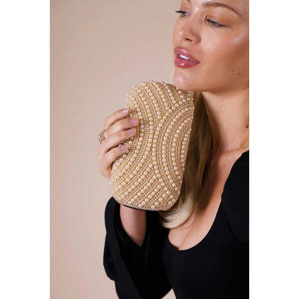 SVNX oval pearl clutch bag in gold, imported from the UK