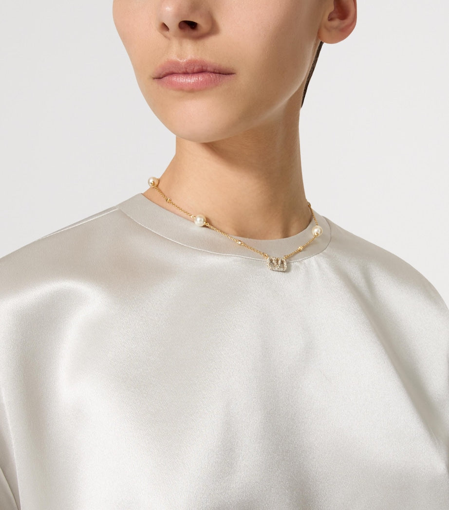 Valentino Garavani crystal and faux pearl VLogo necklace, imported from the UK