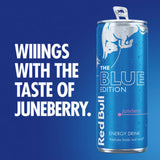 Red Bull energy drink Blue Edition Juneberry 250ml, imported from the UK