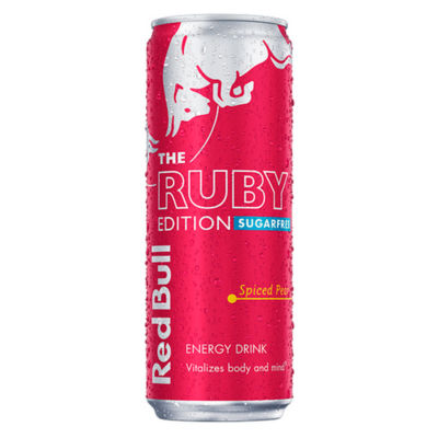 Red Bull Ruby Edition sugarfree spiced pear energy drink 355ml (British brand)