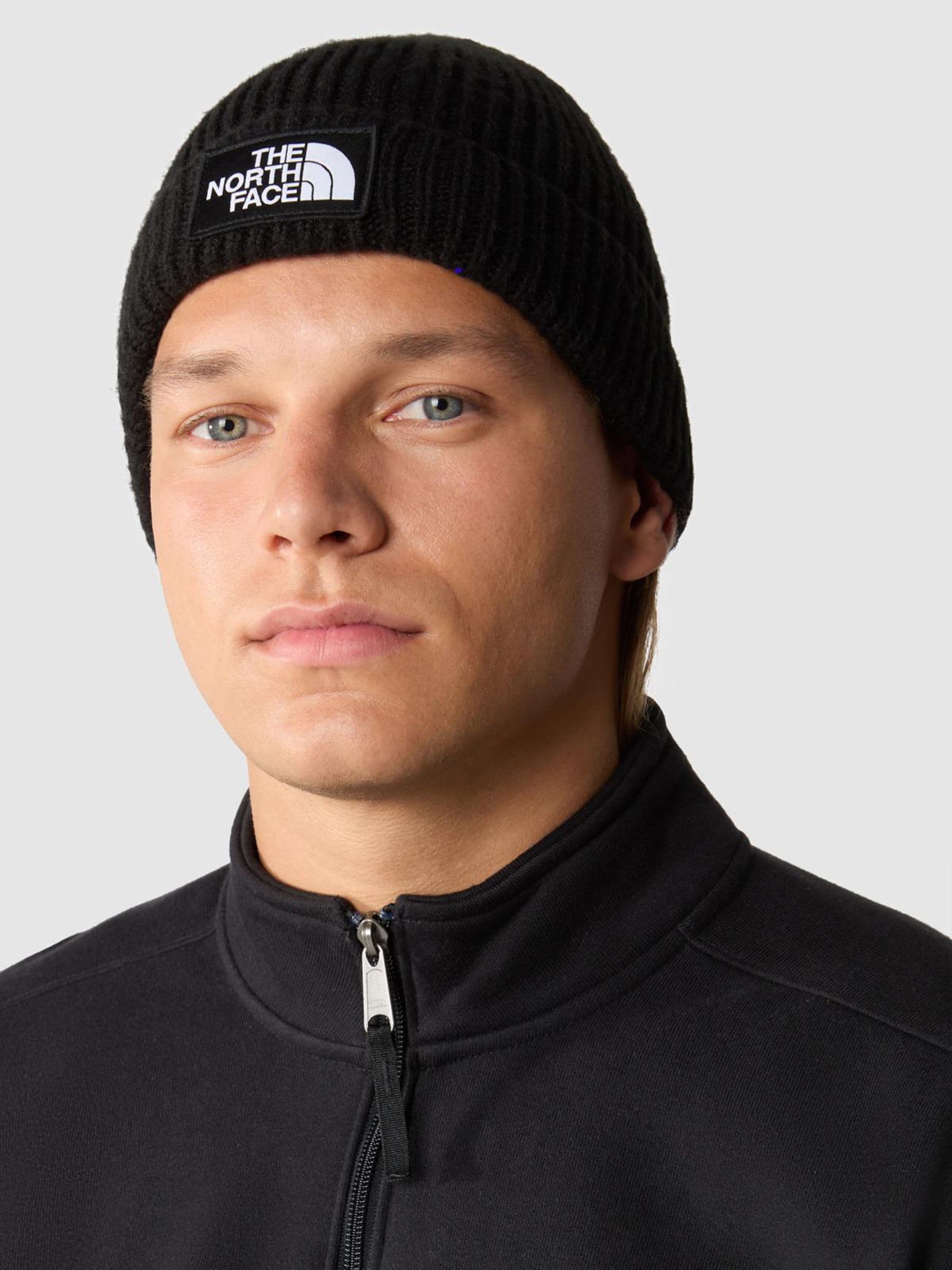 The North Face black logo box cuffed beanie, imported from the UK