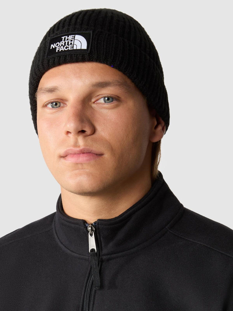 The North Face black logo box cuffed beanie, imported from the UK