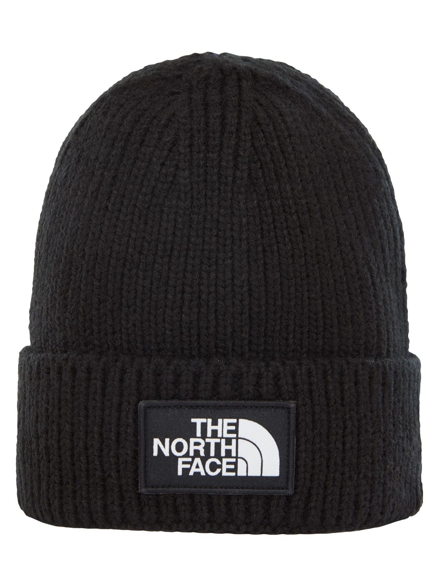 The North Face black logo box cuffed beanie, imported from the UK