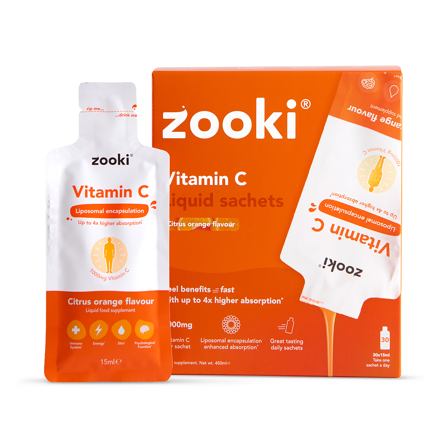 Zooki Vitamin C Citrus Orange Liquid Sachets 30x15ml (British brand)