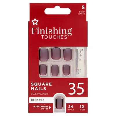 Superdrug Finishing Touches Deep Red Square Nails 24pcs - Beauty- Buy online at McGrocer