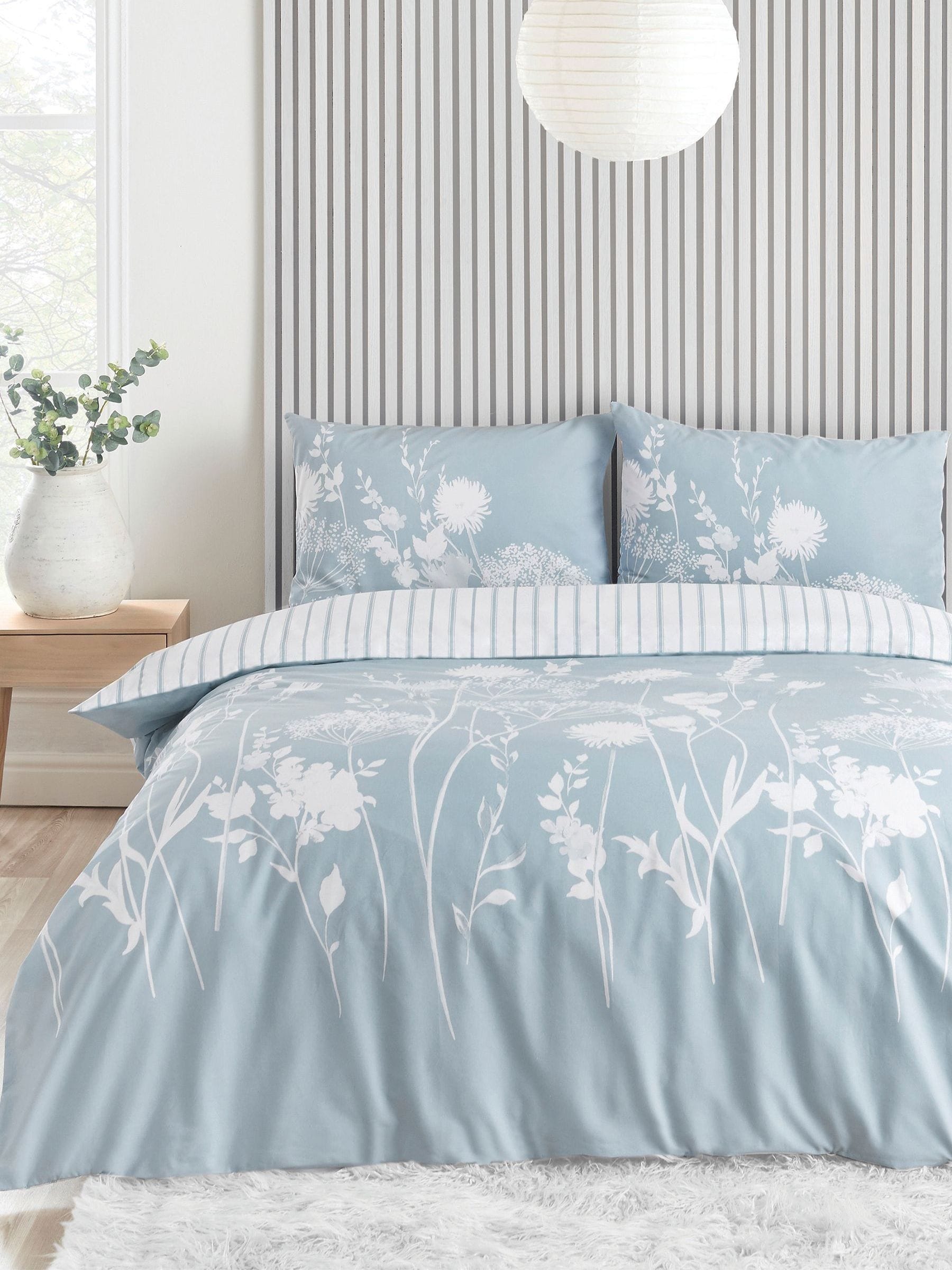 Catherine Lansfield Blue Meadowsweet floral reversible duvet cover set - British product