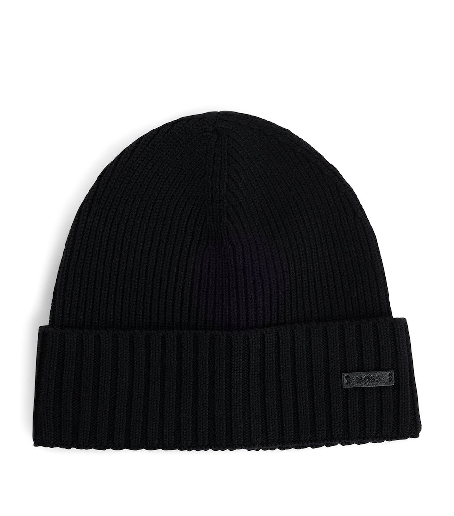 BOSS virgin wool logo-badge beanie, imported from the UK