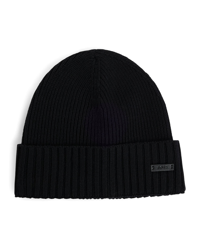 BOSS virgin wool logo-badge beanie, imported from the UK