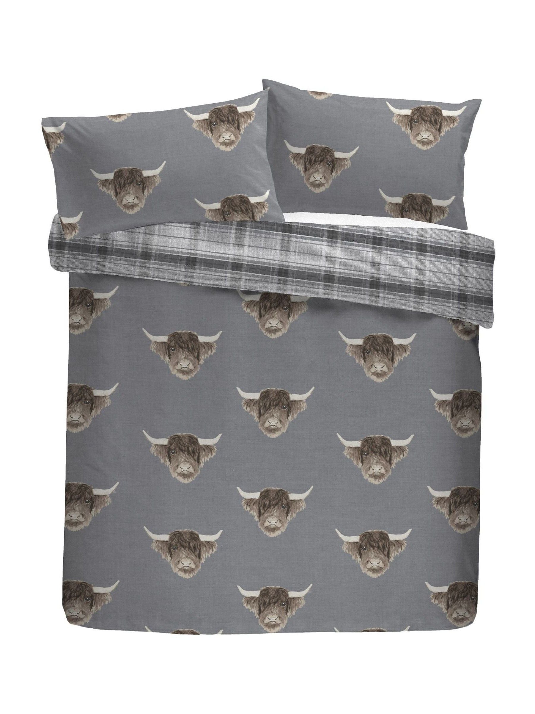 Grey Highland Cow duvet cover and pillowcase set - British product
