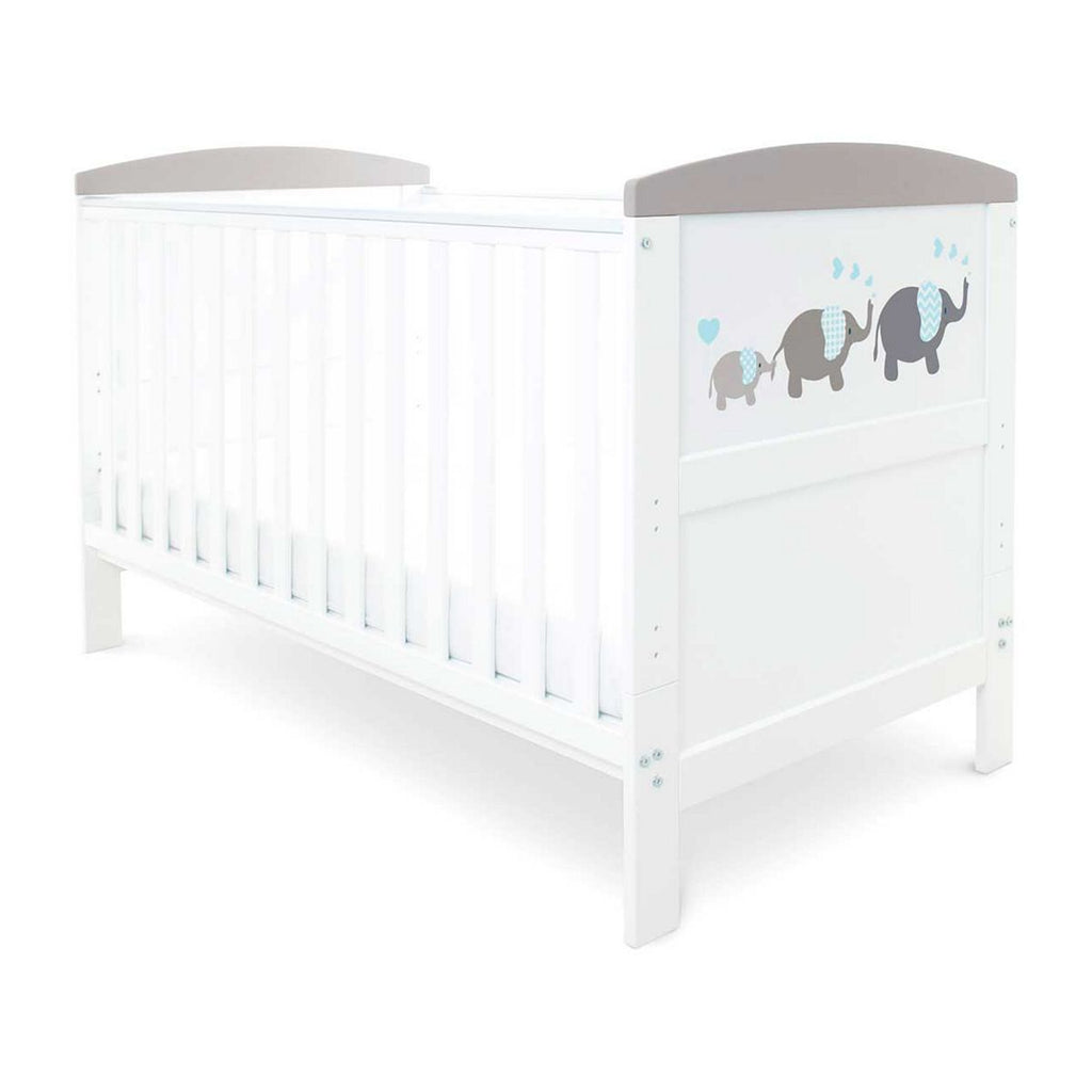 Ickle Bubba Coleby Style Cot Bed, Under Drawer and Deluxe Mattress - Elephant Love Grey