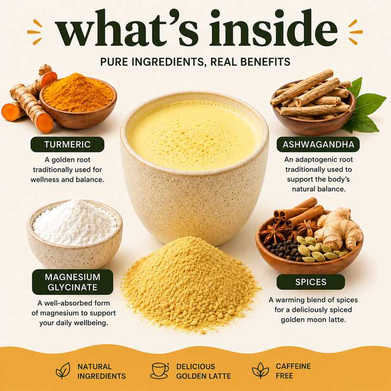 Golden Moon Turmeric Ashwagandha Latte Mix 100g, imported from the UK