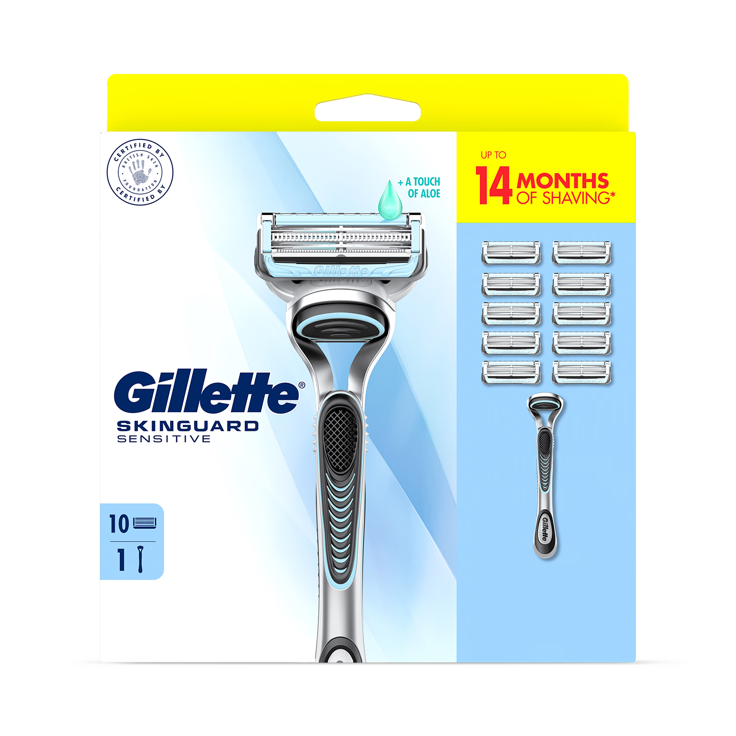 Gillette SkinGuard Sensitive men's razor with 10 blade refills - British product