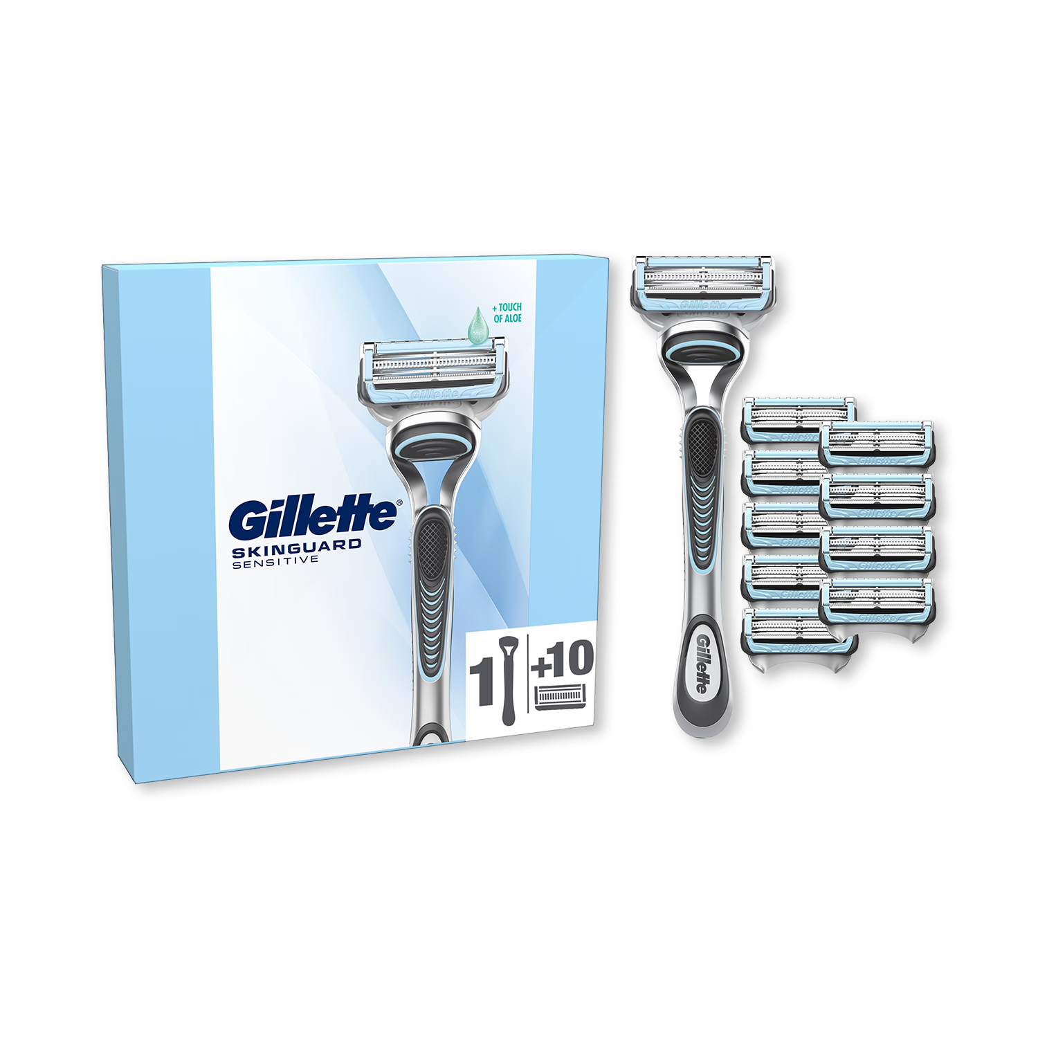 Gillette SkinGuard Sensitive men's razor with 10 blade refills - British product