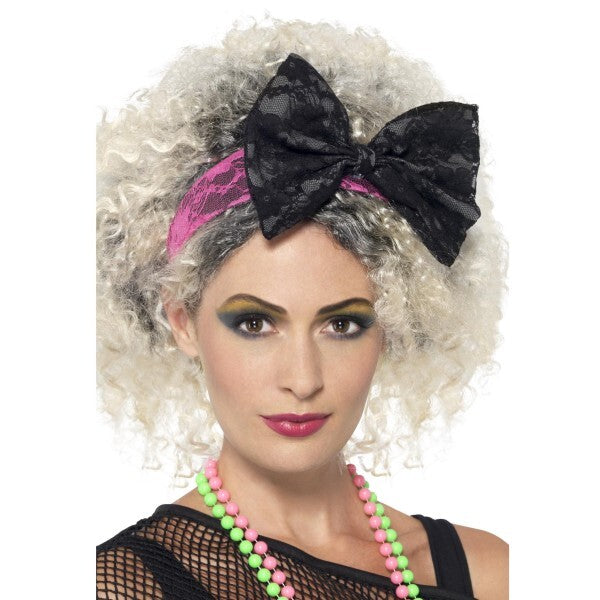 Smiffys 80s lace headband black and pink, imported from the UK
