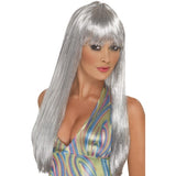 Smiffys Glitter Disco Wig silver long straight with fringe (British brand)