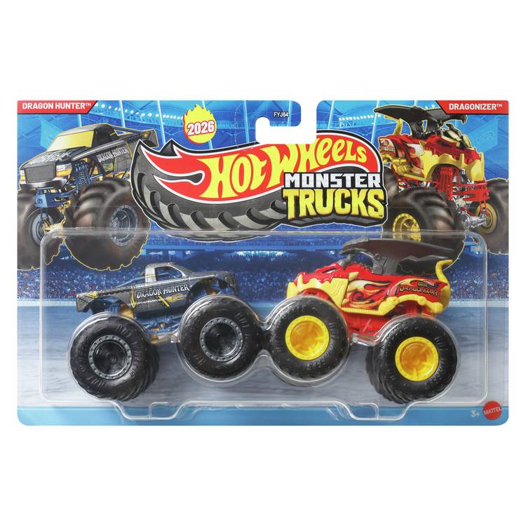 Hot Wheels Monster Trucks two-pack 1:64 scale character vehicles, imported from the UK