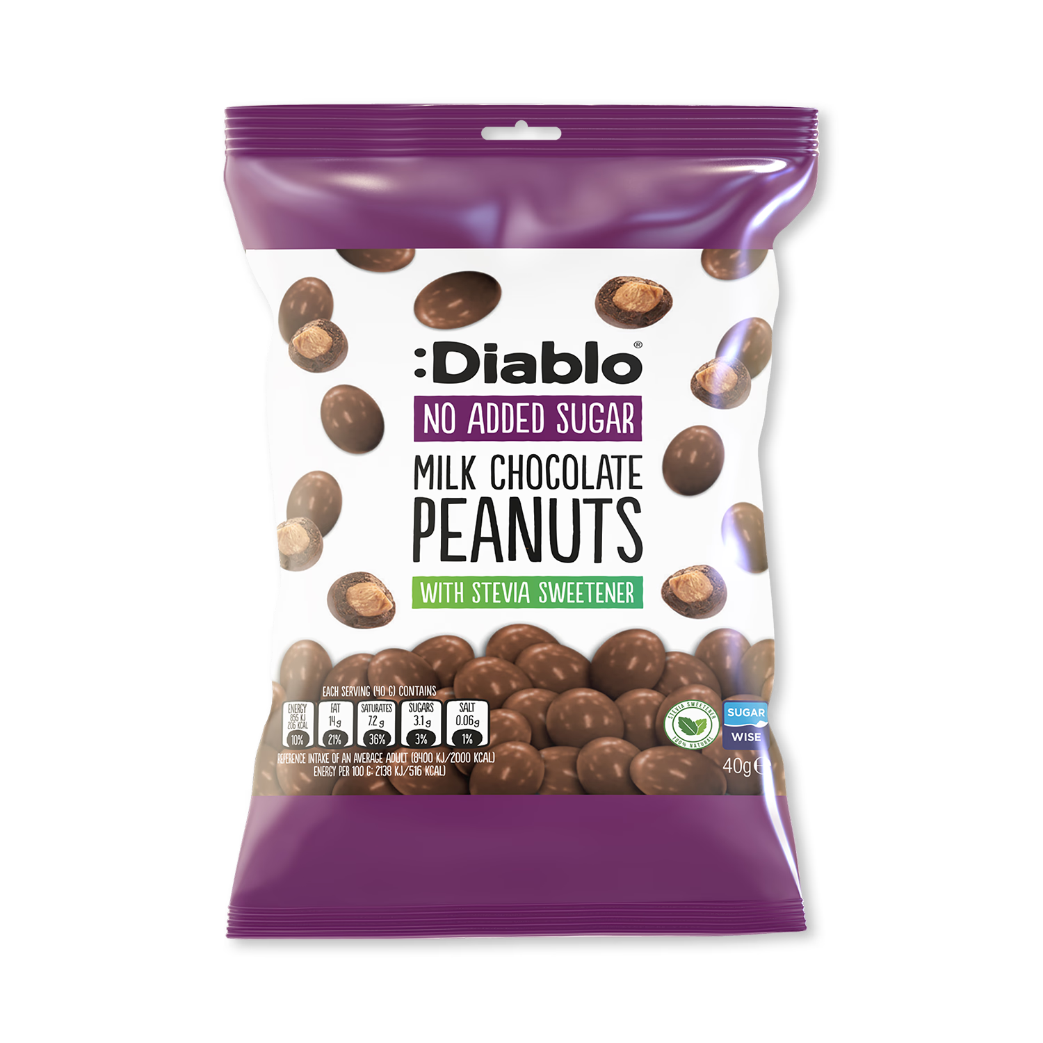 Diablo no added sugar milk chocolate peanuts 40g, imported from the UK