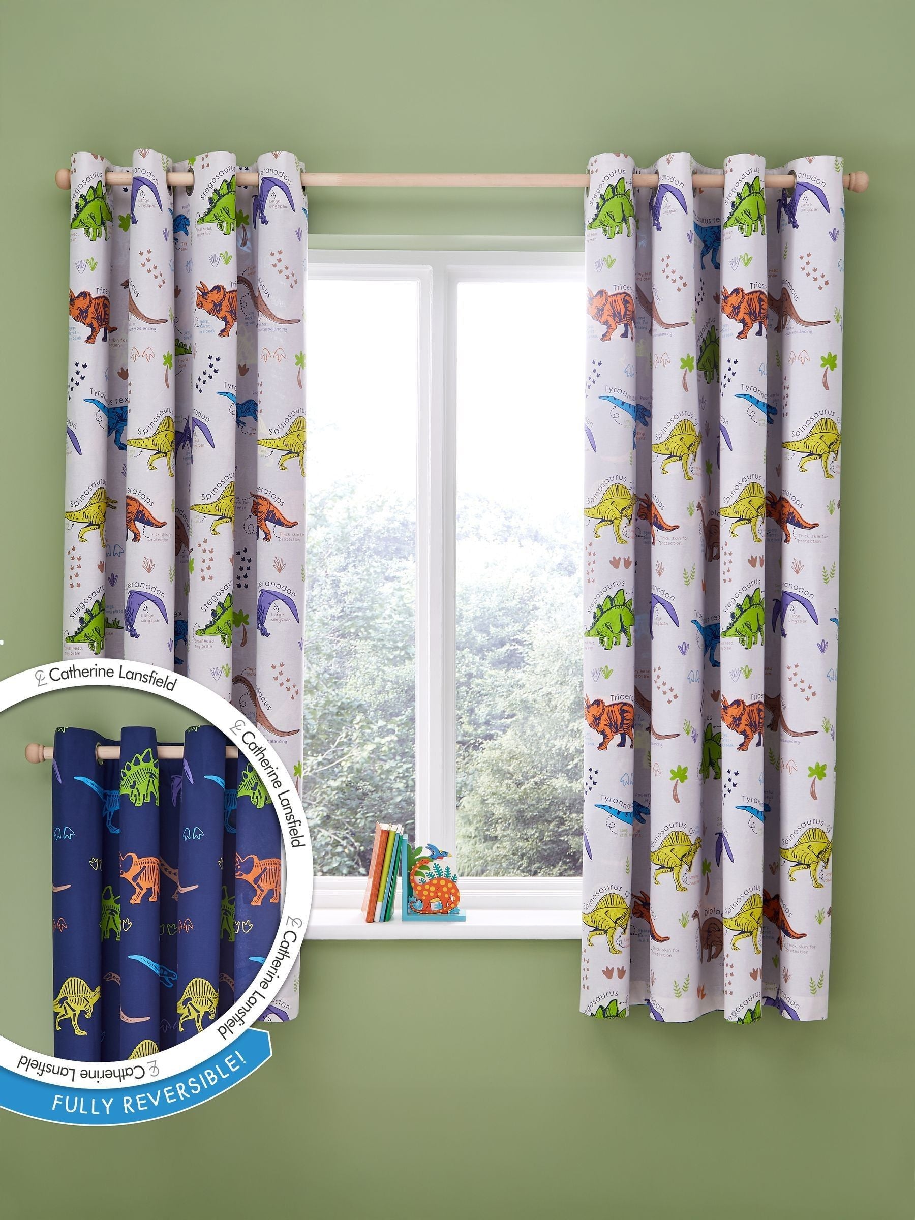 Catherine Lansfield reversible dinosaur curtains 168x183cm, UK version