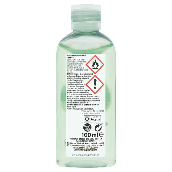 Superdrug Aloe Vera Antibacterial Hand Sanitizer Gel 100ml (British brand)
