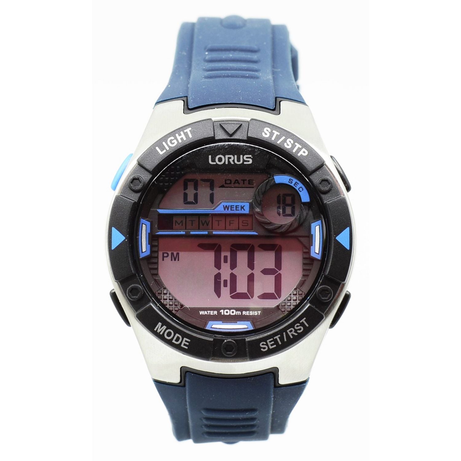 Lorus men's digital watch with blue silicone strap (British brand)