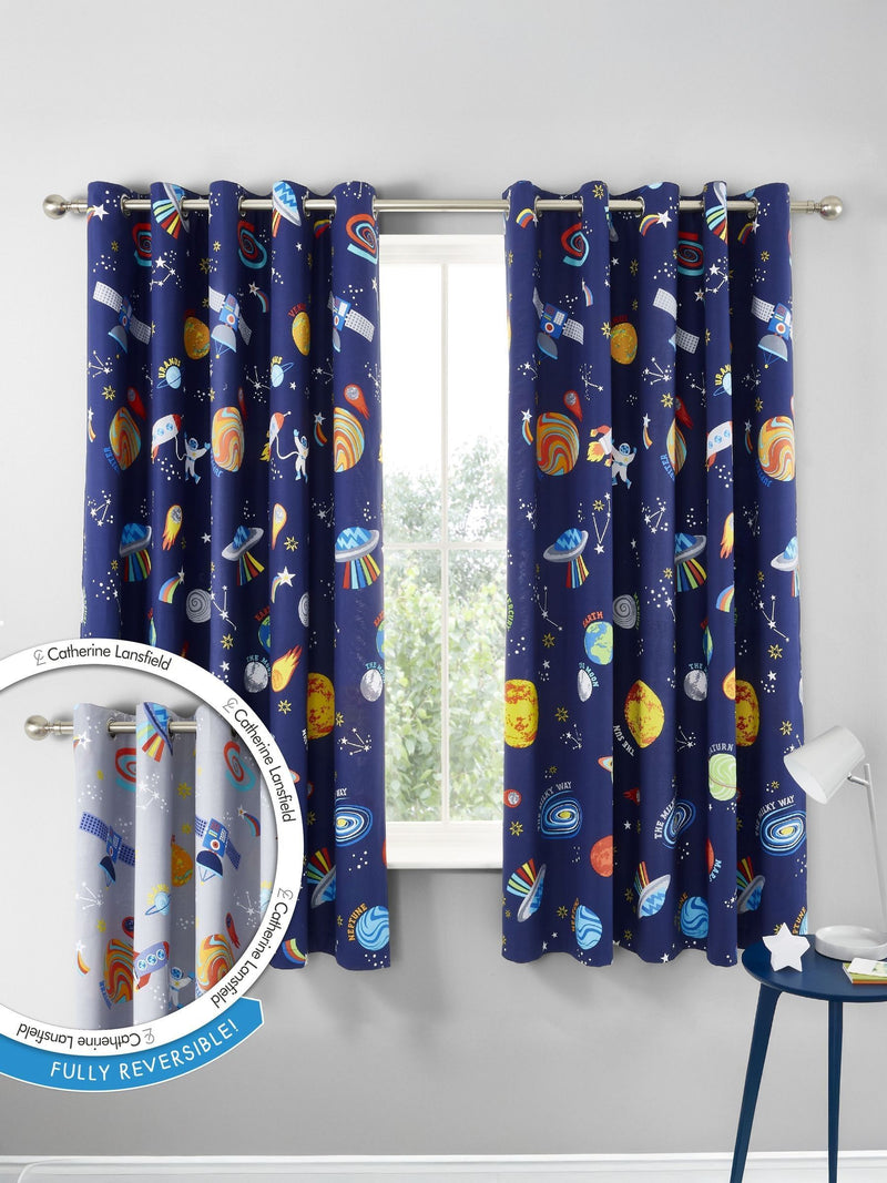 Catherine Lansfield Blue Lost In Space reversible lined eyelet curtains 168x183cm, UK version
