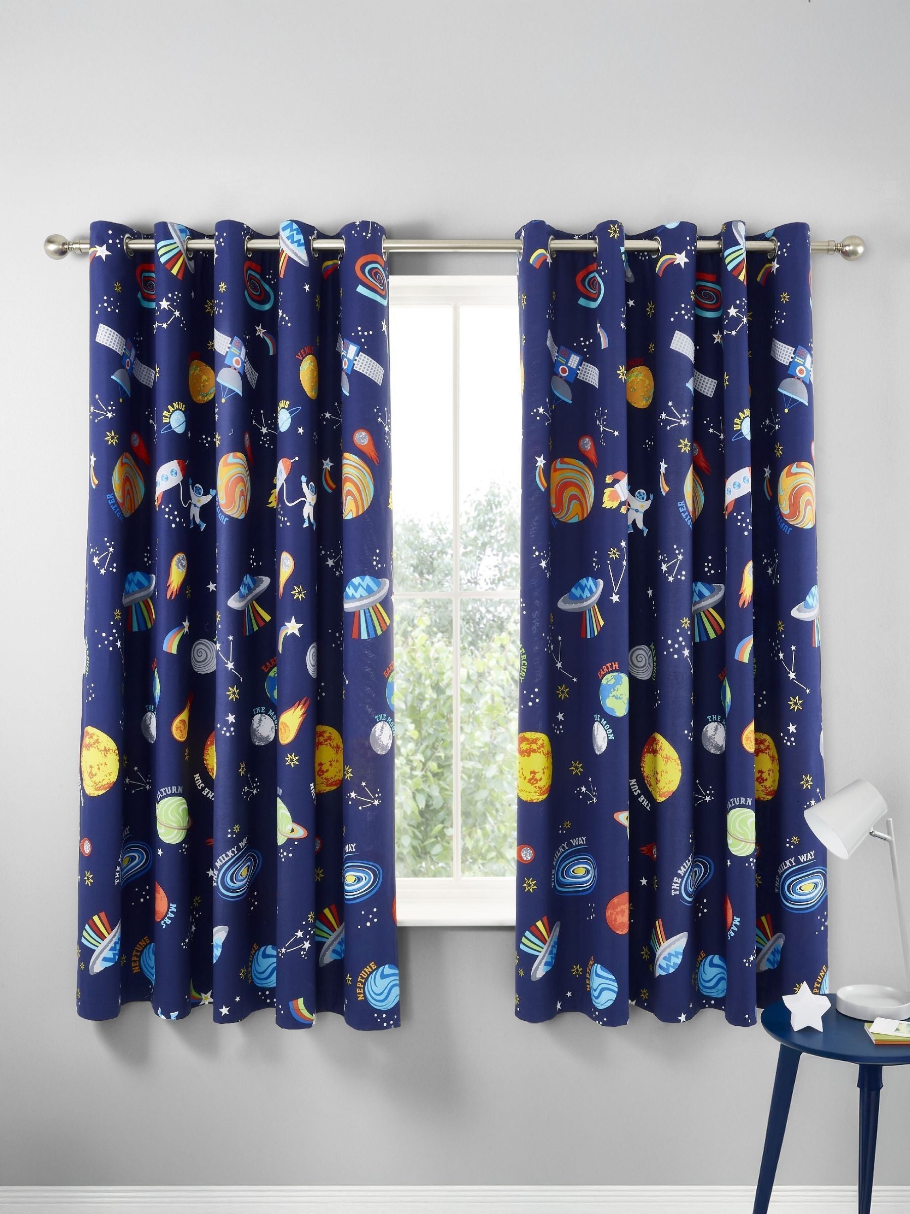 Catherine Lansfield Blue Lost In Space reversible lined eyelet curtains 168x183cm, UK version