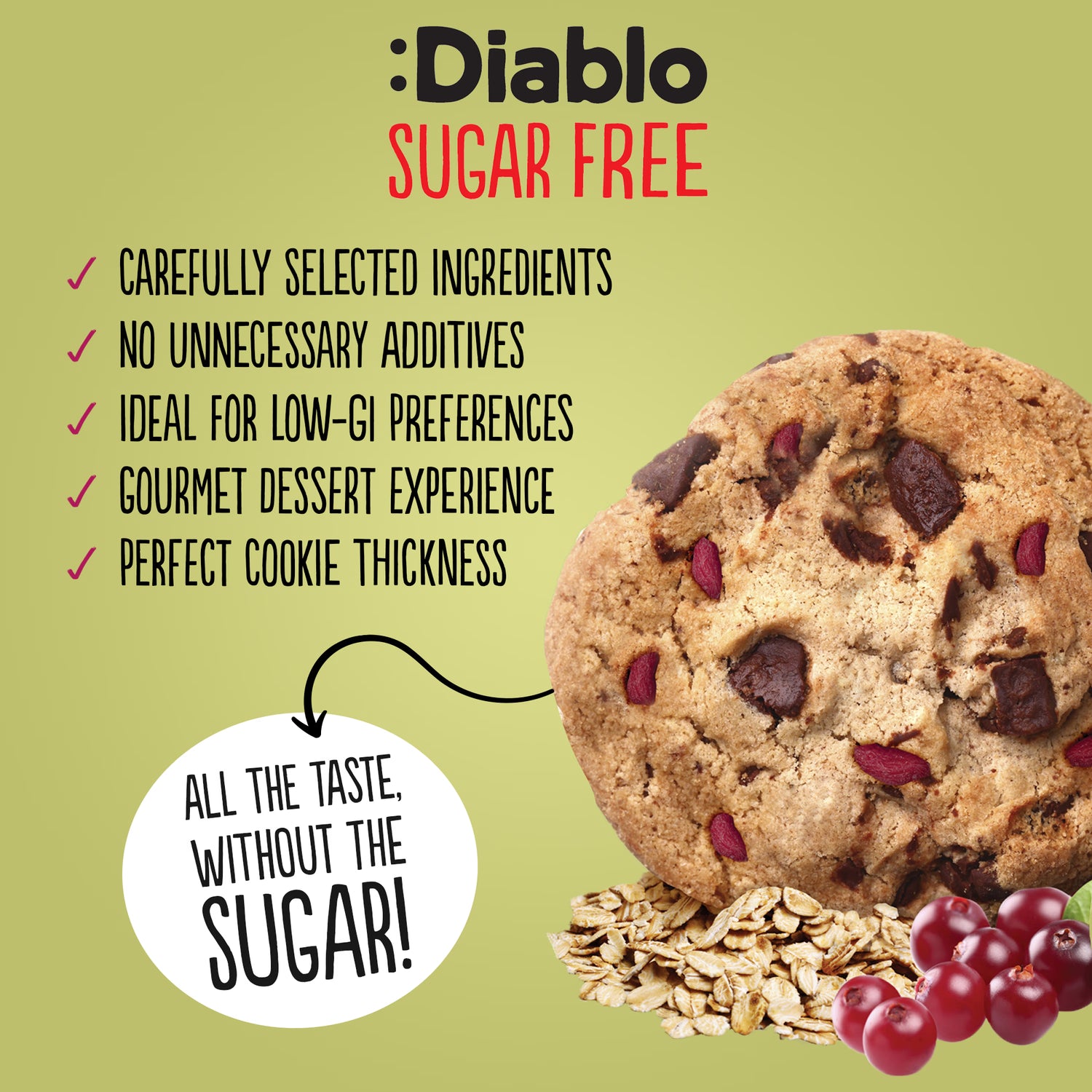 Diablo sugar free chocolate chip cranberry cookies 135g, imported from the UK