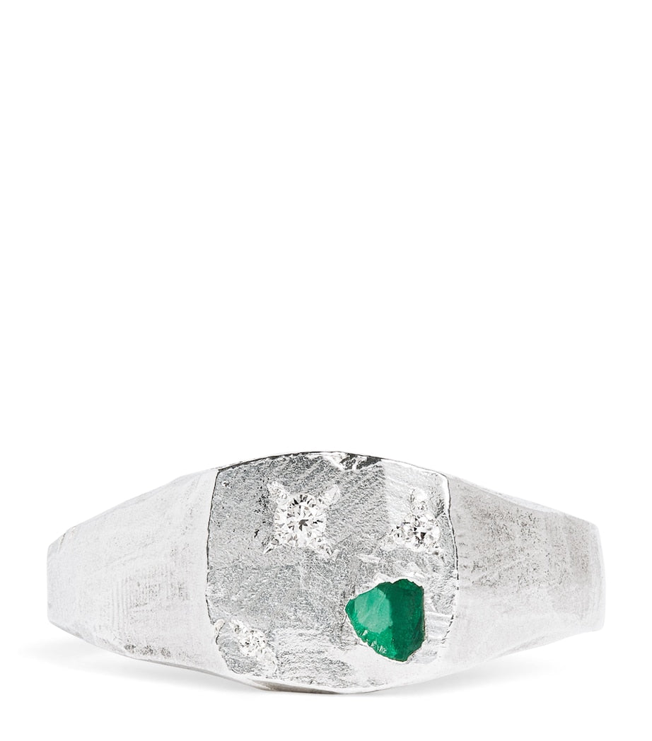 The Ouze sterling silver and emerald scatter signet ring (British brand)