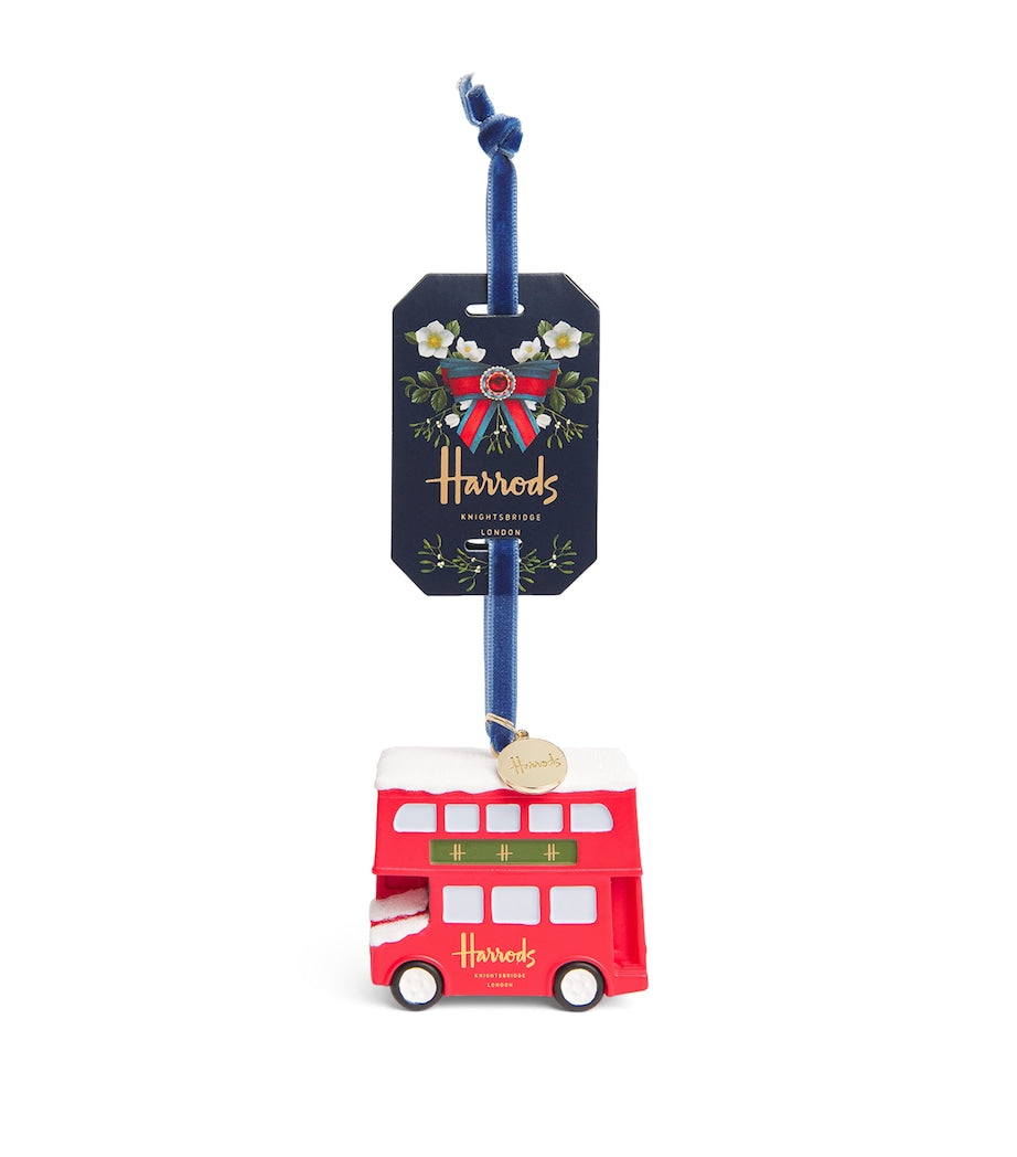 Harrods London bus decoration with iridescent snow, UK version