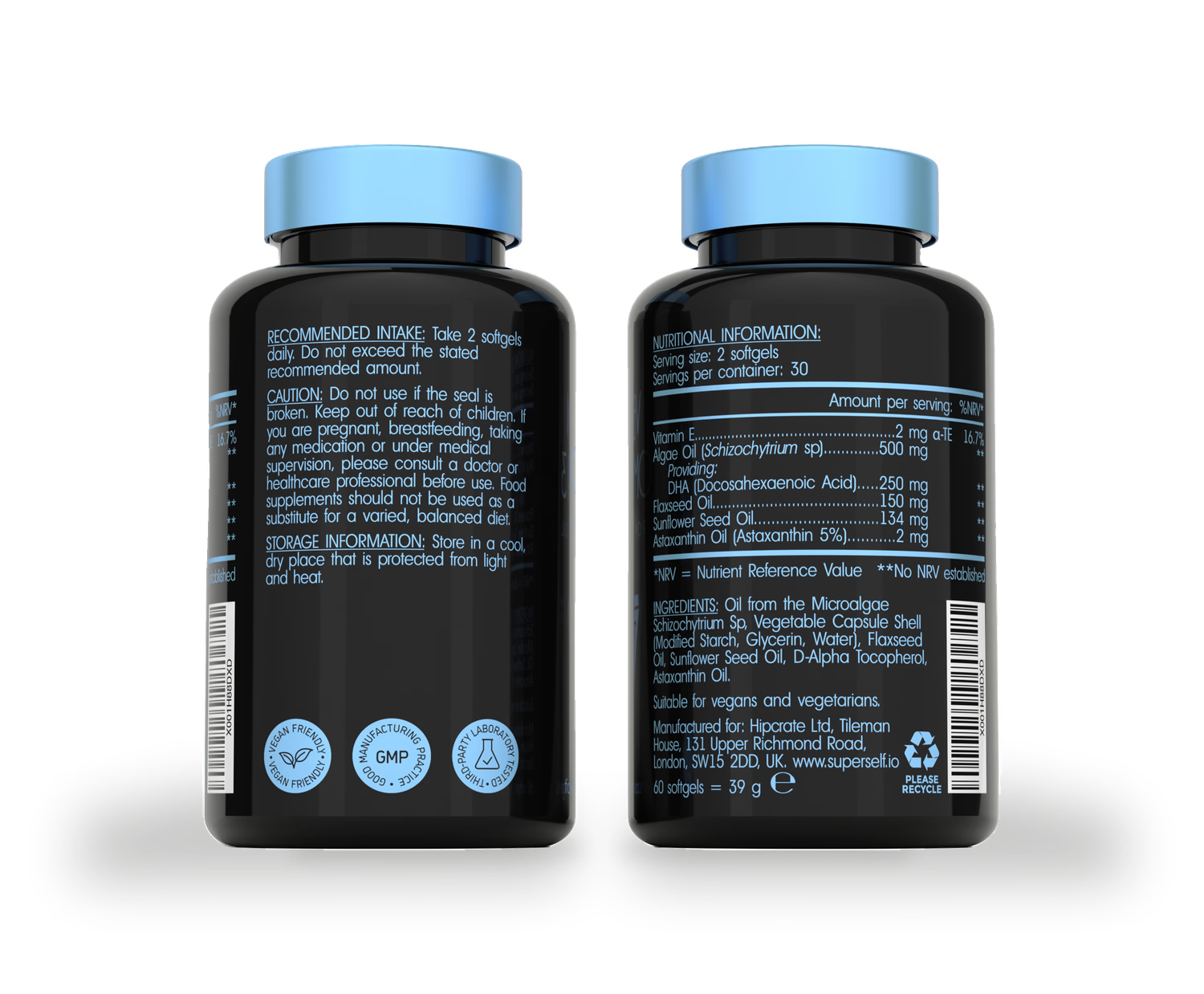 SuperSelf Vegan Omega-3 supplement 60 softgels, imported from the UK
