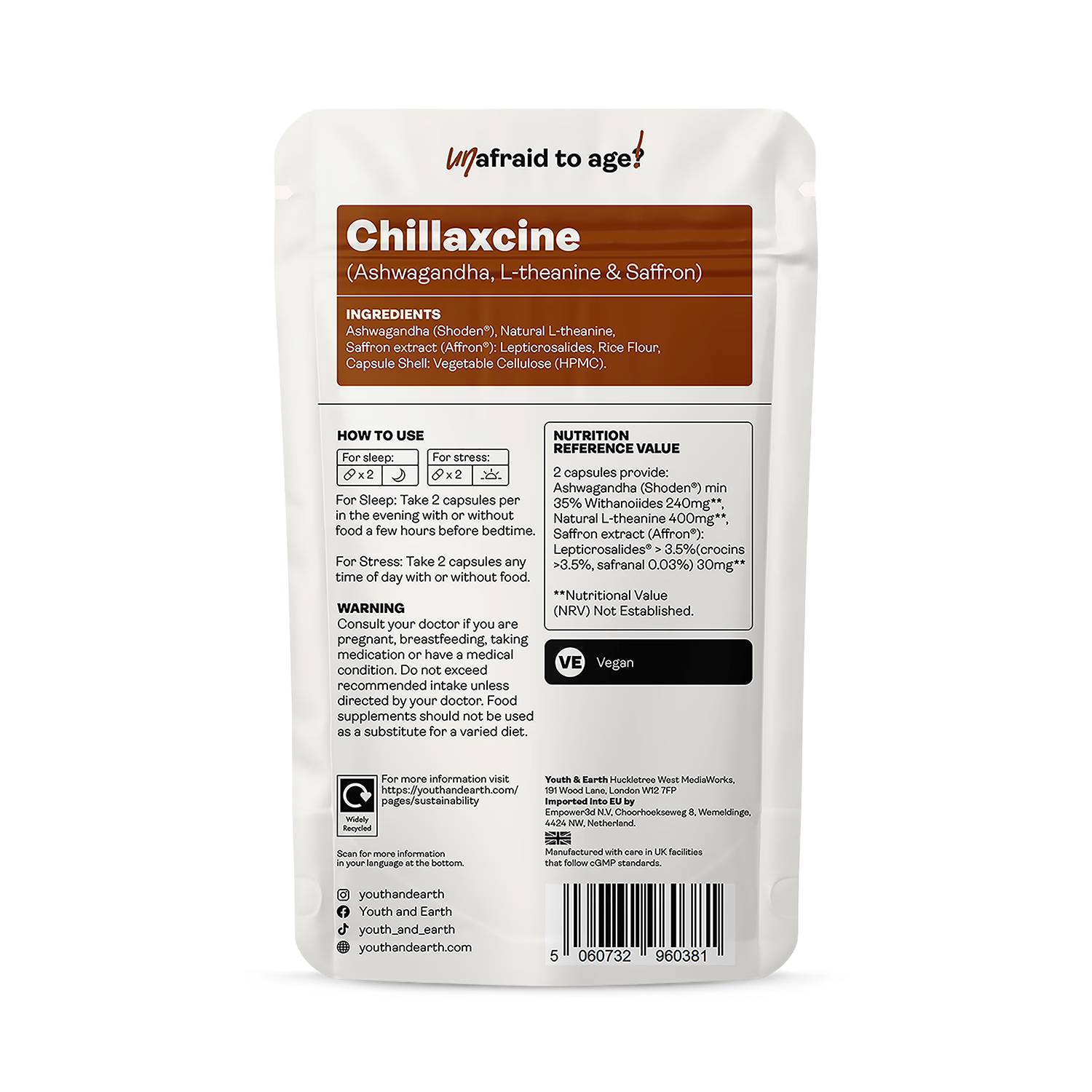 Chillaxcine Ashwagandha L-theanine Saffron 60 capsules, UK version