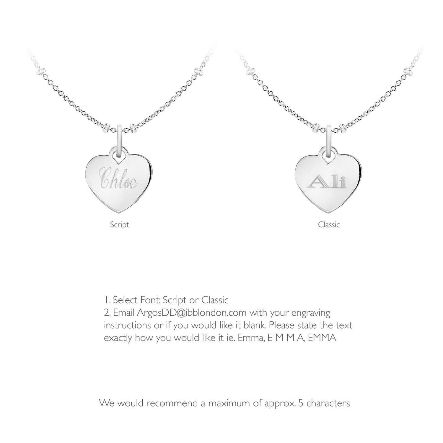 Revere sterling silver personalised heart pendant necklace 46cm, imported from the UK