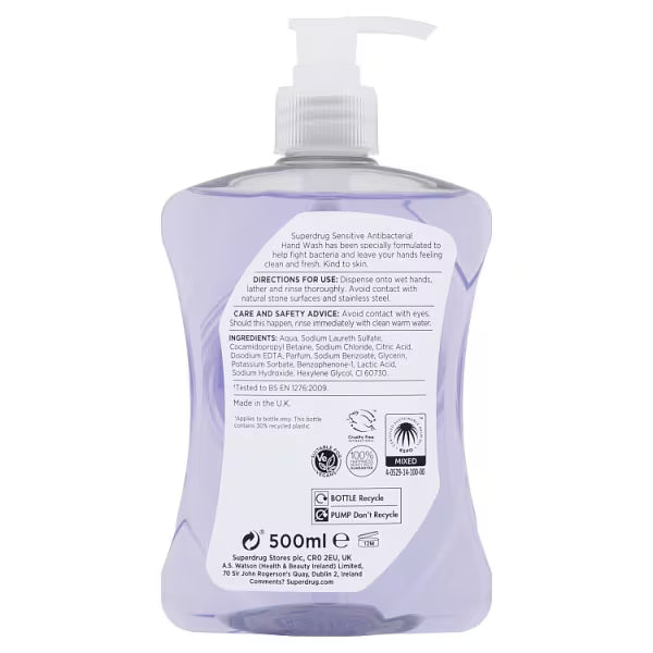 Superdrug sensitive antibacterial hand wash 500ml (British brand)