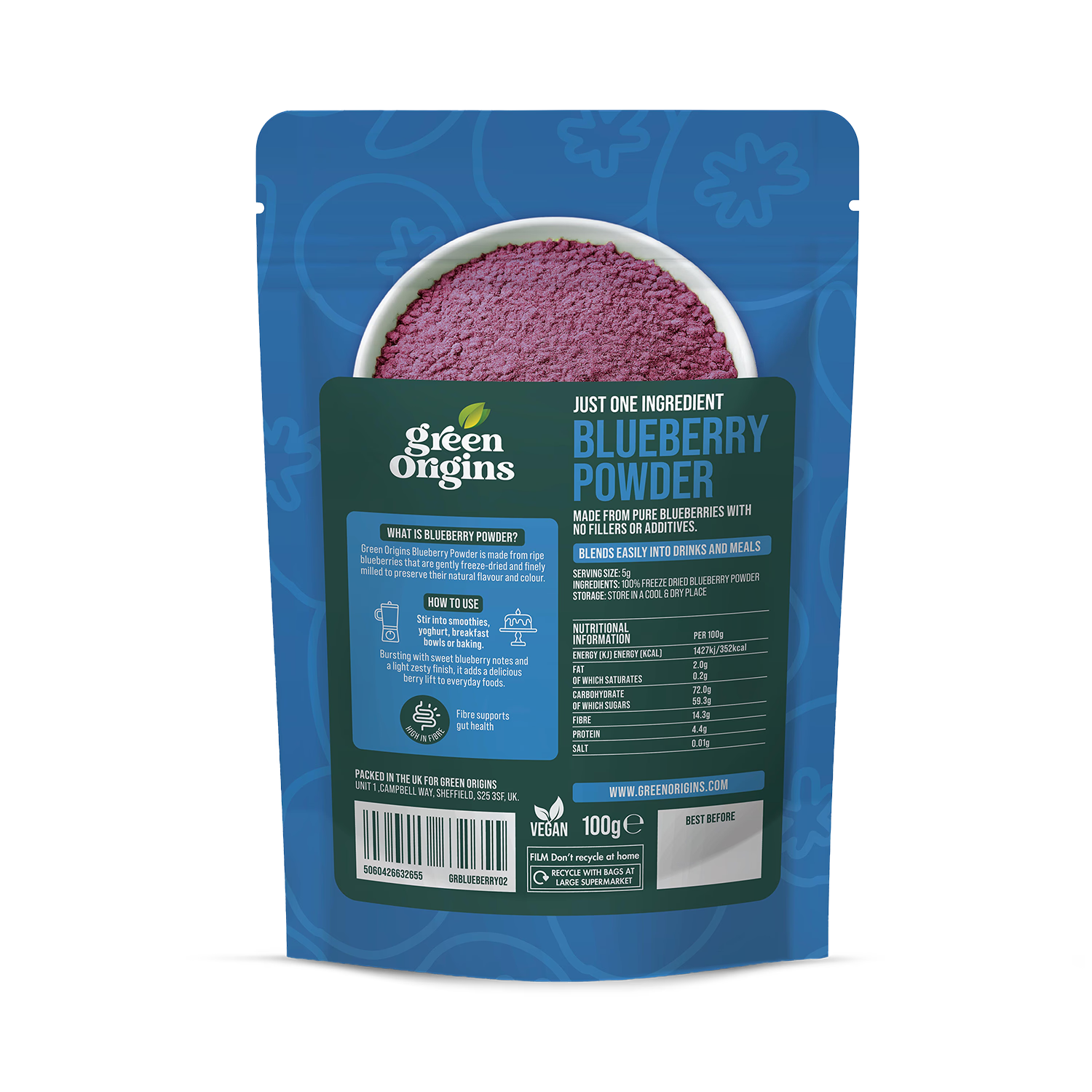 Green Origins freeze dried blueberry powder 100g, imported from the UK