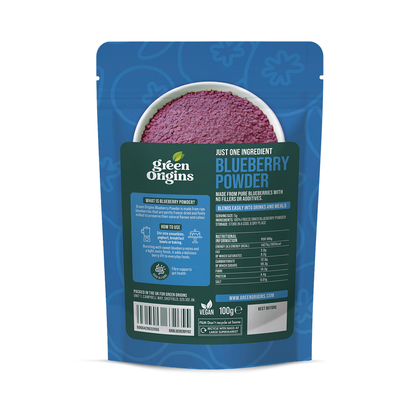 Green Origins freeze dried blueberry powder 100g, imported from the UK