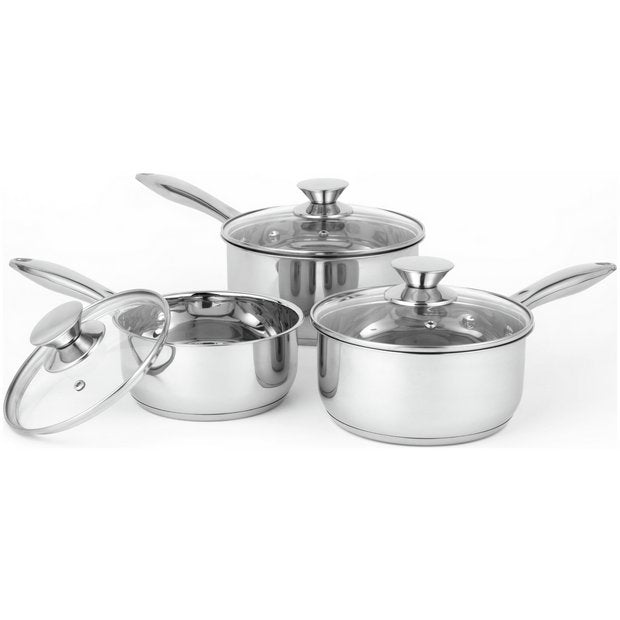 Russell Hobbs 3-piece stainless steel pan set with glass lids, imported from the UK