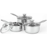 Russell Hobbs 3-piece stainless steel pan set with glass lids, imported from the UK