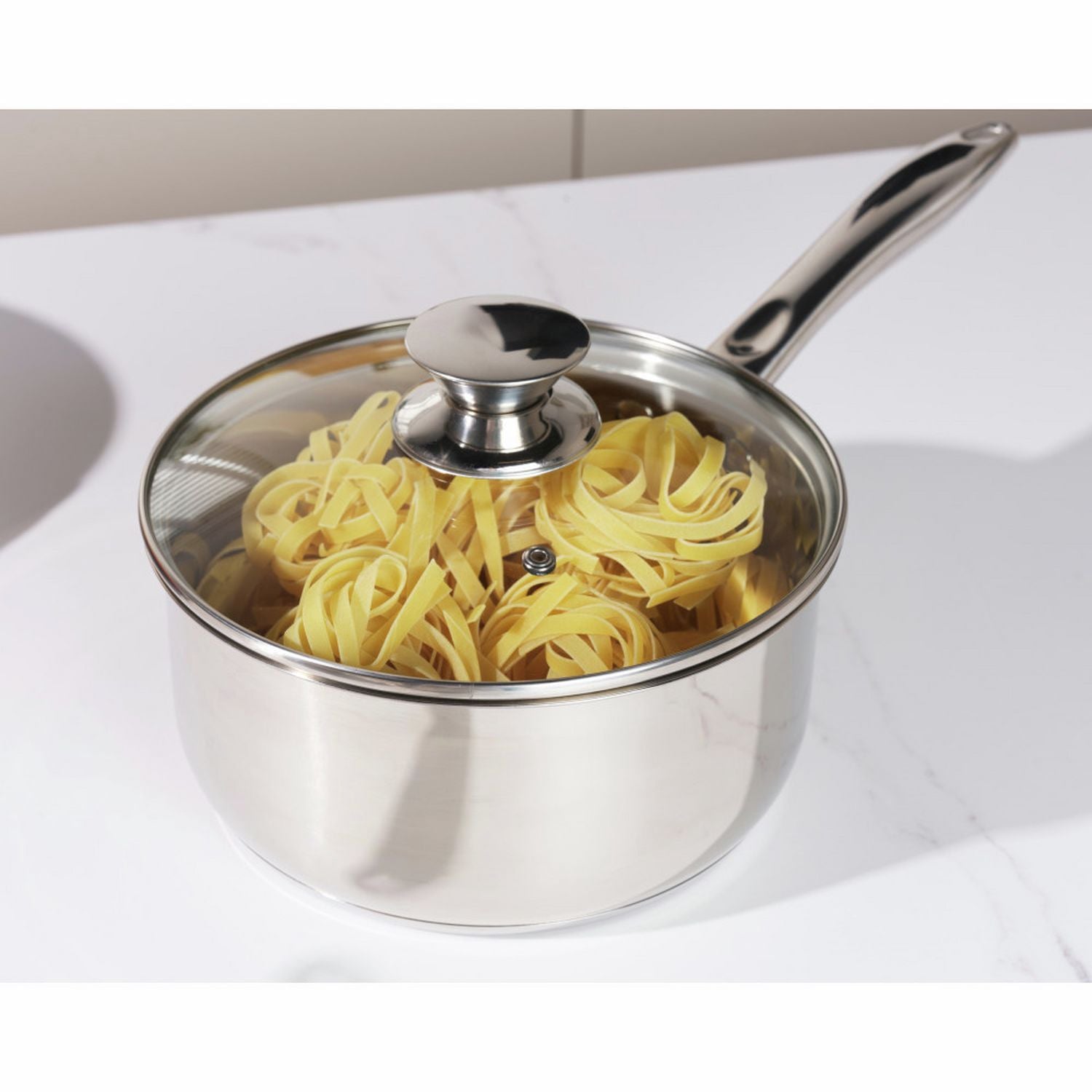 Russell Hobbs 3-piece stainless steel pan set with glass lids, imported from the UK