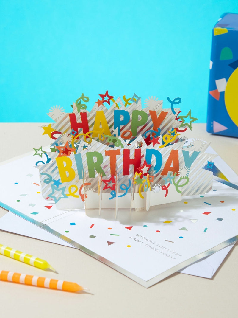 Hallmark 3D pop-up birthday card with colourful stripes, imported from the UK