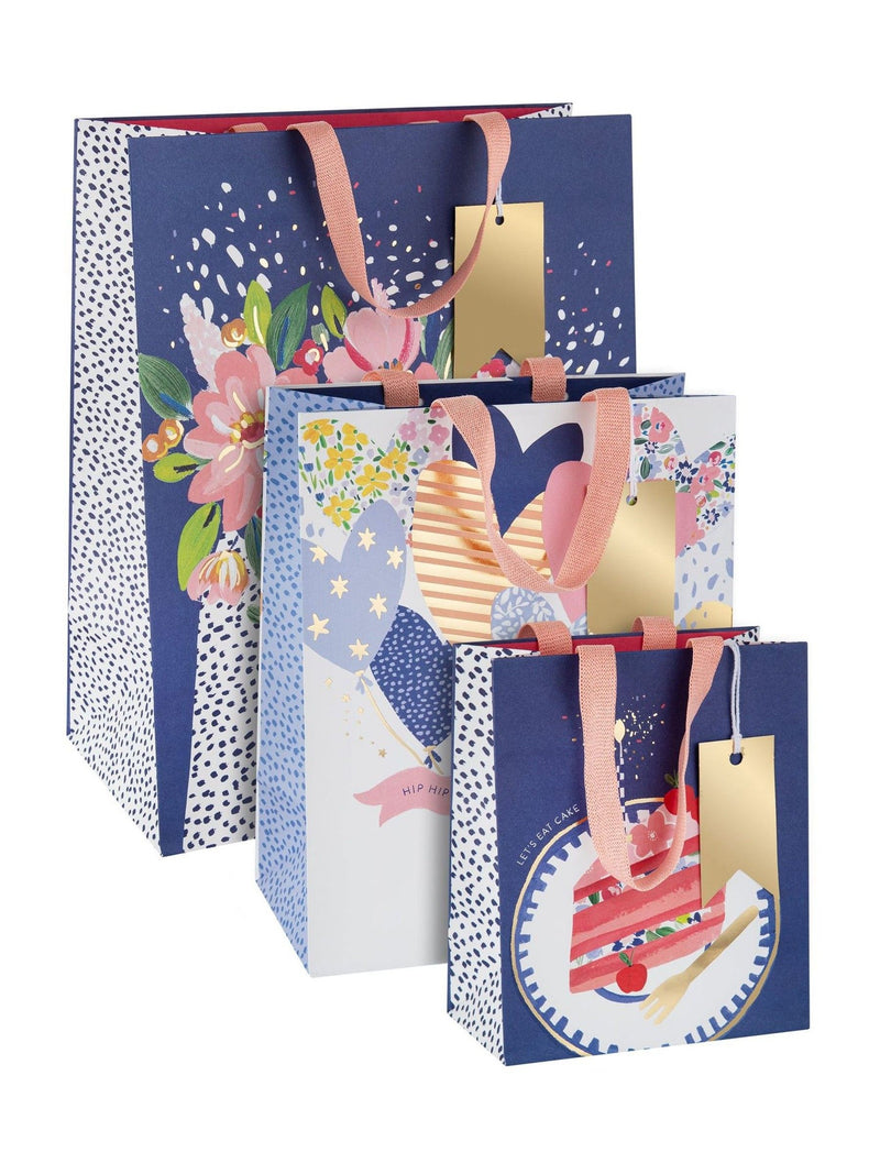 Hallmark set of 3 blue illustrated gift bags, imported from the UK