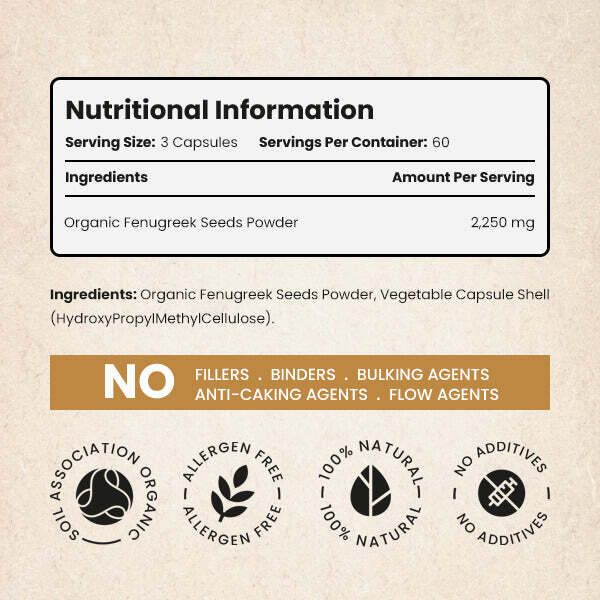 VitaBright Organic Fenugreek 180 capsules 2250mg (British brand)