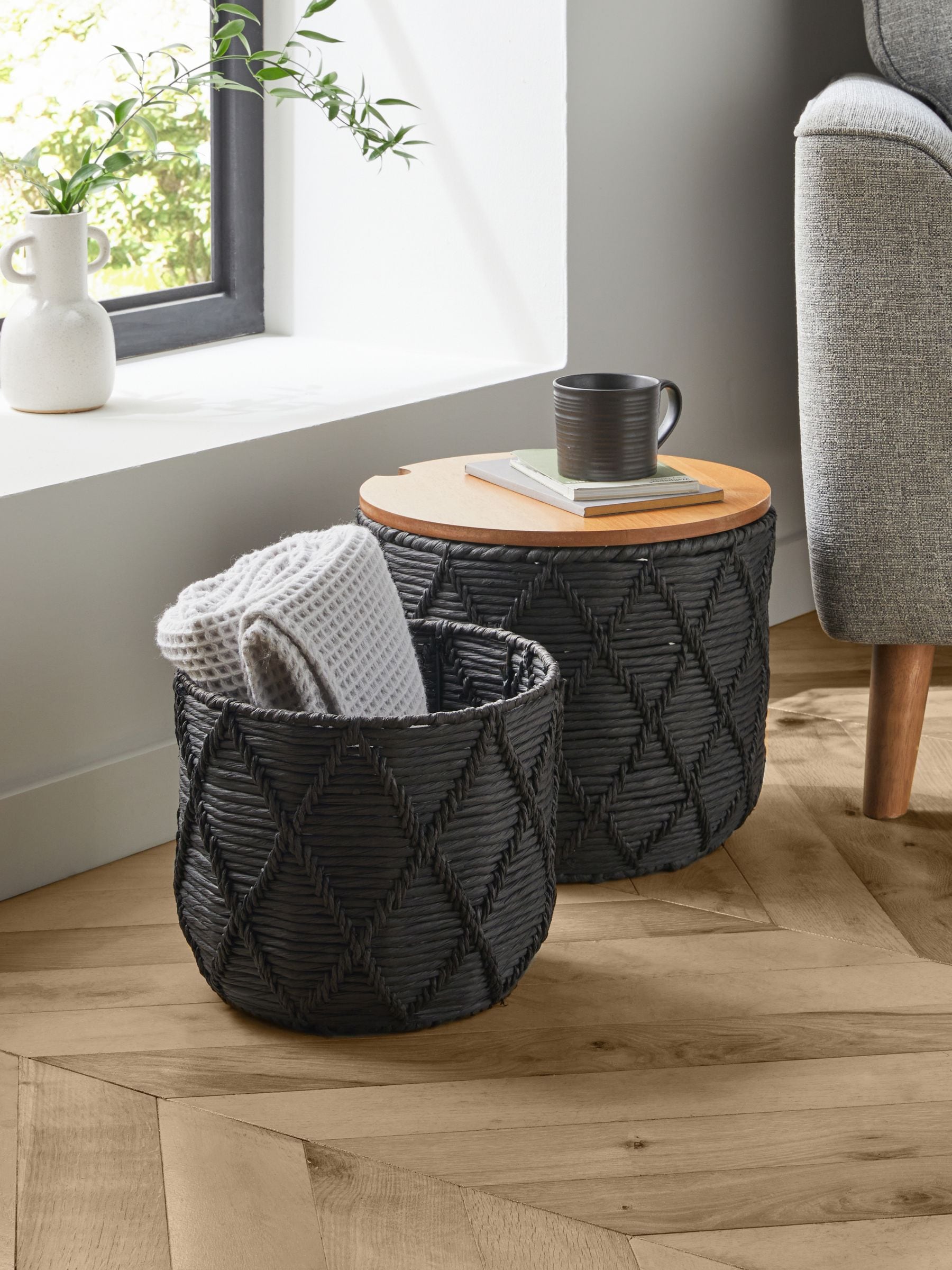 Black and wood lidded storage baskets set of 2, UK version