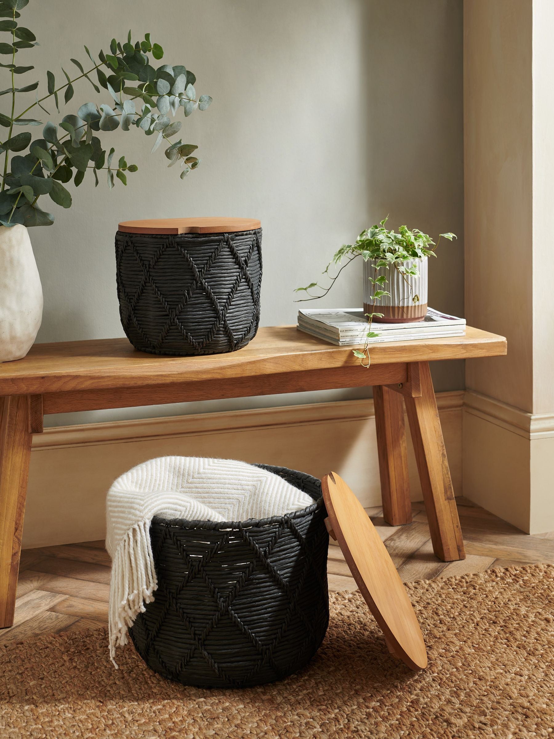 Black and wood lidded storage baskets set of 2, UK version