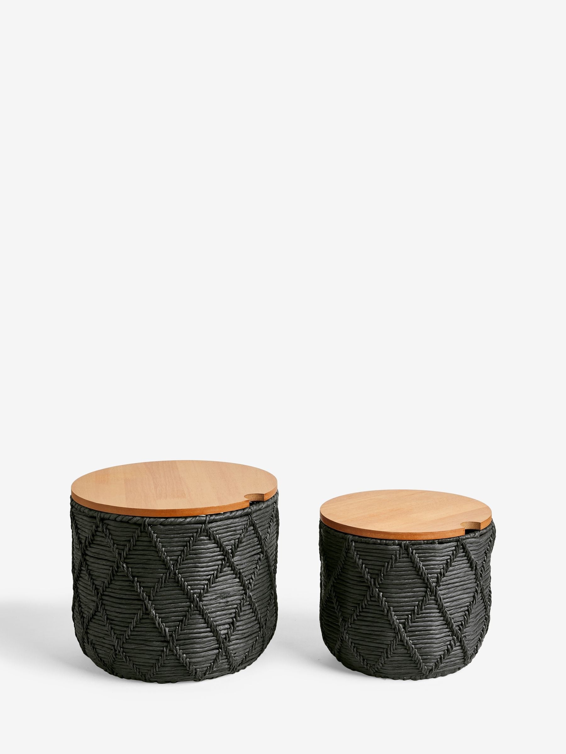 Black and wood lidded storage baskets set of 2, UK version