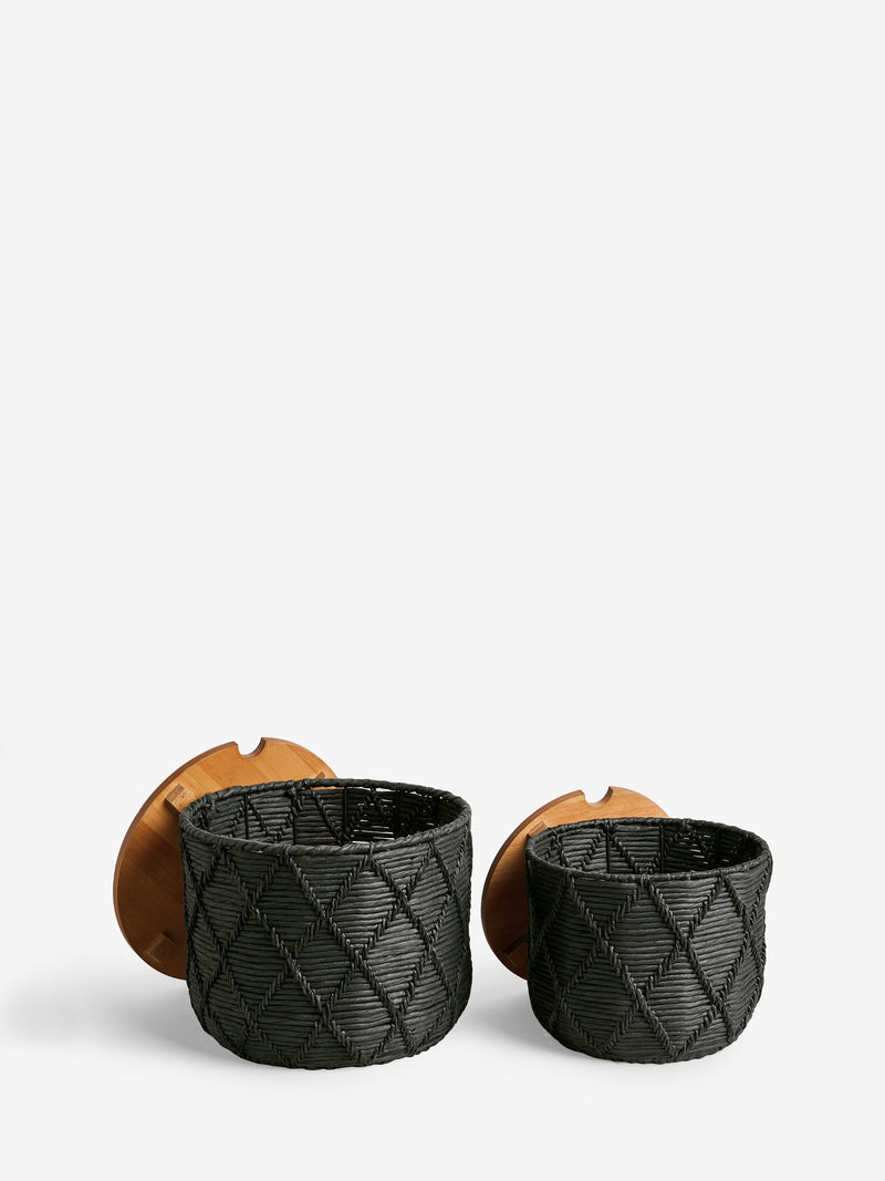 Black and wood lidded storage baskets set of 2, UK version