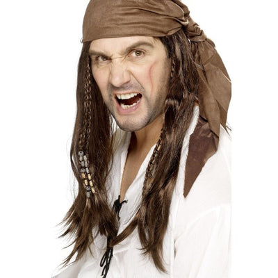 Superdrug Smiffys Buccaneer Pirate Wig, Brown Straight with Braids and Bandana- Buy online at McGrocer