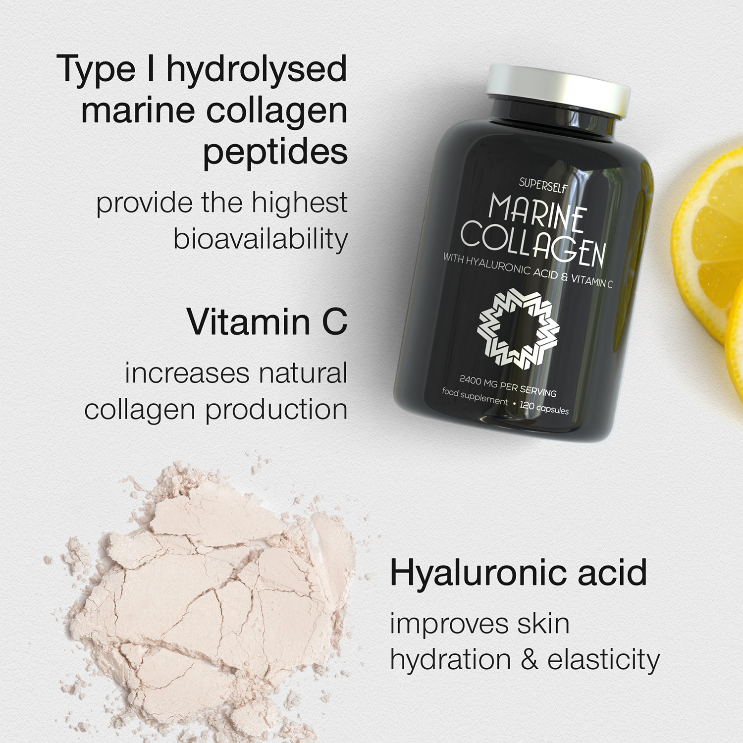 SuperSelf marine collagen hyaluronic acid vitamin C capsules 120 count, UK version
