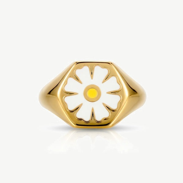 MUCHV daisy signet ring with white flower in 18k gold British brand