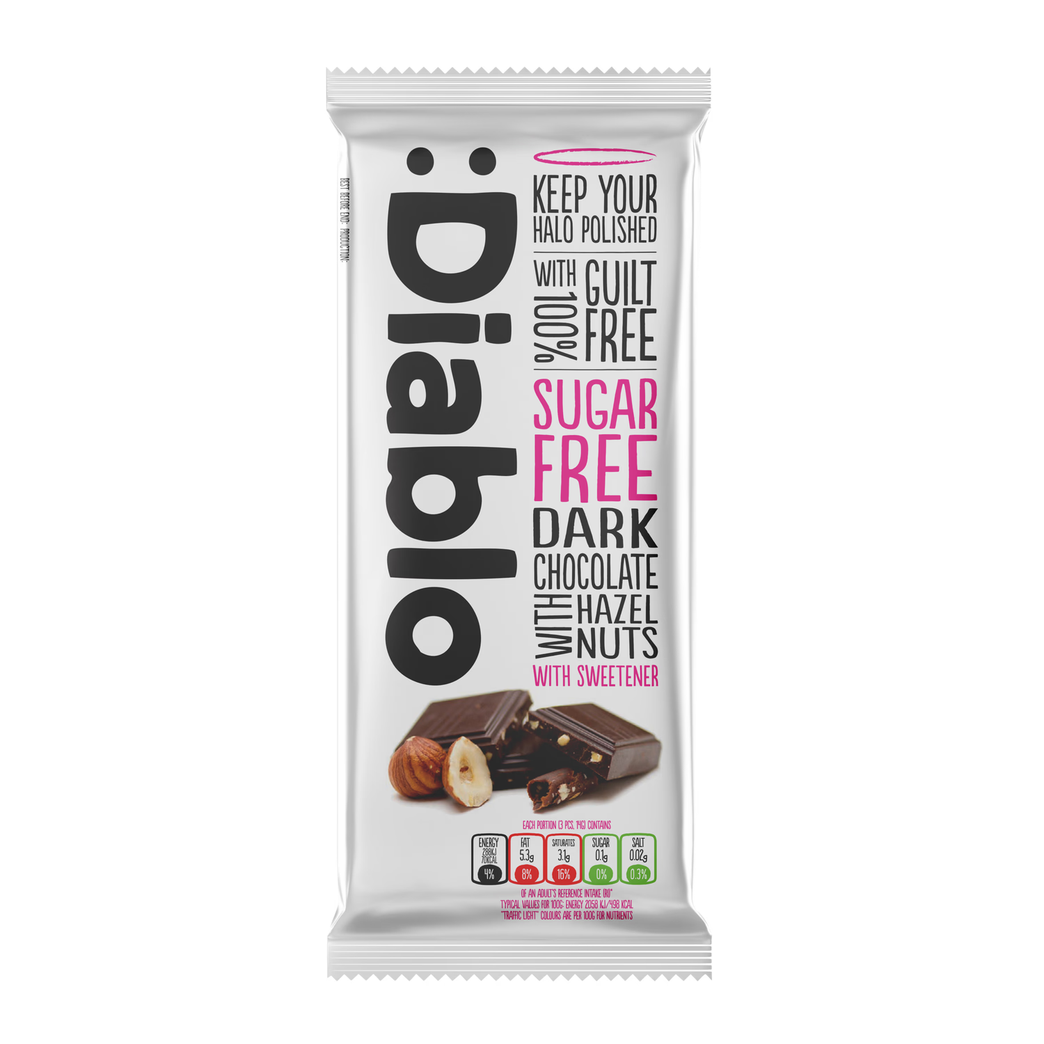 Diablo sugar free dark chocolate bar with hazelnuts 85g, UK version