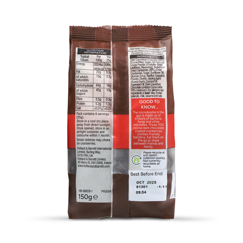 Holland & Barrett dark chocolate cranberries 150g, UK version
